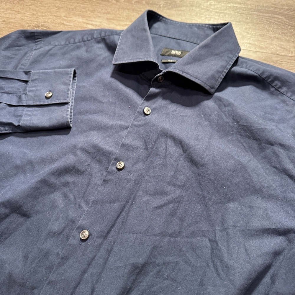 Hugo Boss Shirt Mens 18 46 Blue Long Sleeve Button UP Slim Minimalist Preppy 2XL